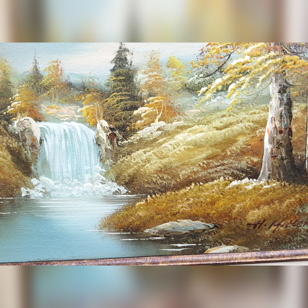 Oil Painting Landscape Trees Waterfall Signed H. Miller Season Fall Autumn VTG - Picture 3 of 16